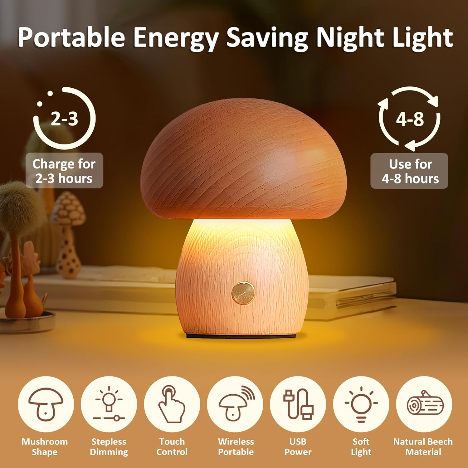 Wooden Mushroom Lamp, Portable - Mushroom Table Lamp recension och pris